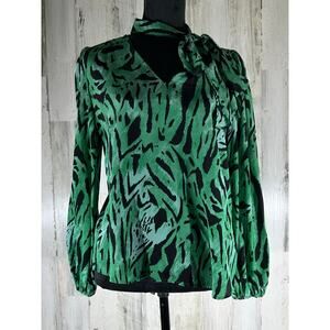 Rixo Silk Blouse Size Medium Moss Green Animal Print Neck Tie Secretary Bow